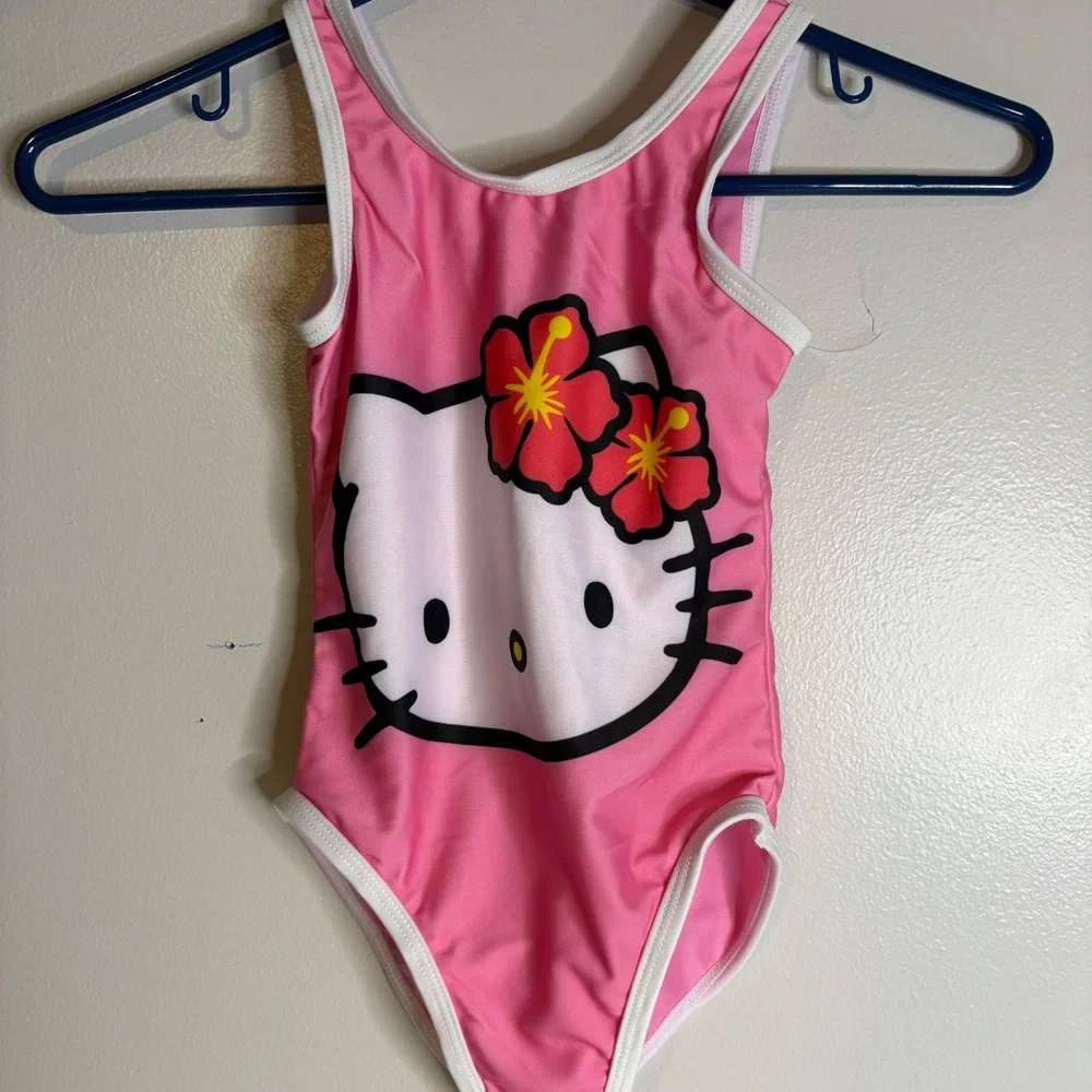 Hello Kitty Sanrio Girls XS‎ 4/5 Pink One Piece Swimsuit Hibiscus UPF 50+NEW